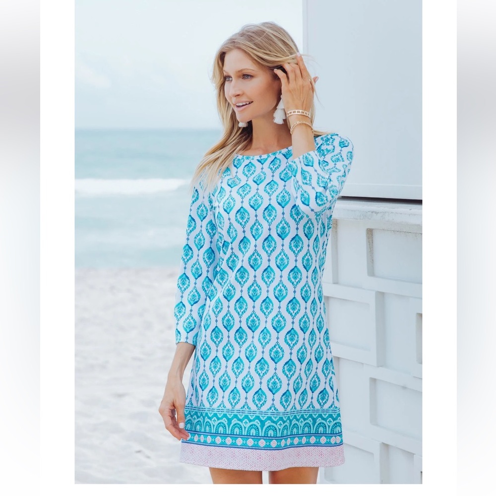 Cabana Life Turquoise & White Printed Shift Dress